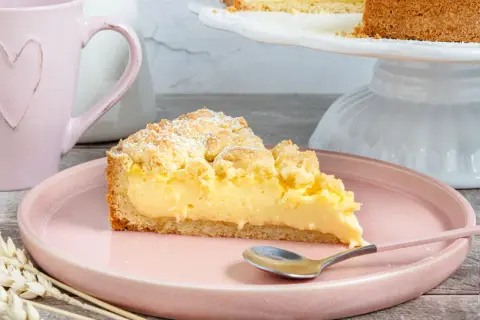 Ein Stück Streuselkuchen mit Pudding auf einem rosa Teller, bestäubt mit Puderzucker.