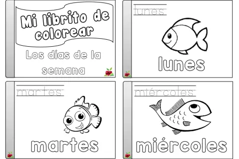 Fichas para colorear de los días de la semana con peces: lunes, martes y miércoles.