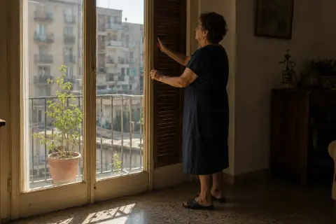 Donna chiude le persiane per capire come rinfrescare casa senza condizionatore, creando un'ombra accogliente.