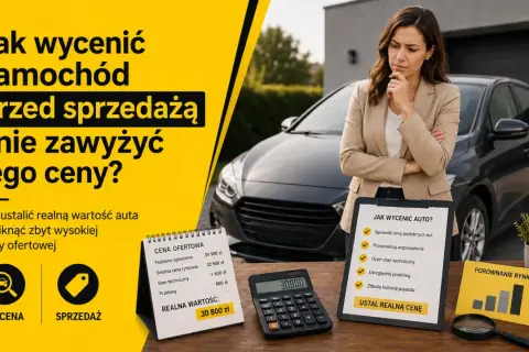 Kobieta zastanawia się, jak sprawdzić wartość rynkową pojazdu. Na stole kalkulator, notatki z cenami i lupa.