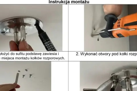 Instrukcja montażu huśtawki: zaznaczanie miejsc, wiercenie otworów, wkładanie kołków i przykręcanie.