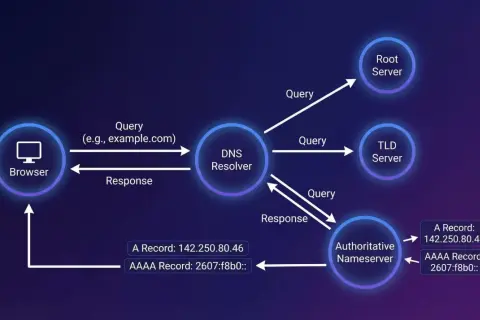 Schemat działania DNS: przeglądarka wysyła zapytanie o domenę, które przez resolver trafia do serwerów (Root, TLD, Nameserver), aby uzyskać odpowiedni adres IP (A Record, AAAA Record).