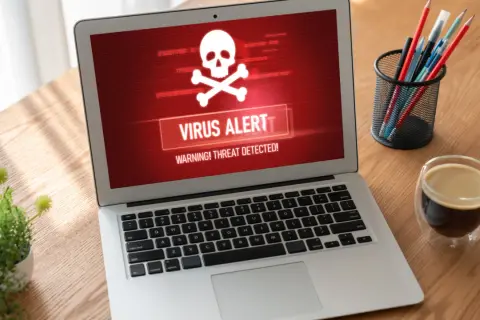 Laptop z czerwonym ekranem i ostrzeżeniem "VIRUS ALERT". To pokazuje, co robi trojan: infekuje system i wyświetla alarm.