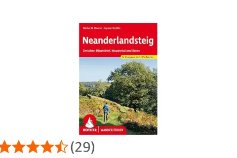 Der Wanderführer "Neanderlandsteig" zeigt eine Person auf einem Wanderweg durch eine grüne Landschaft. Er beschreibt 17 Etappen mit GPS-Tracks.