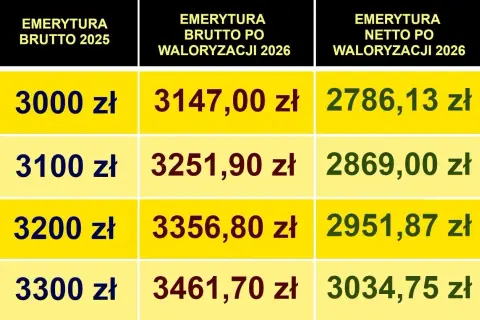Tabela pokazuje, ile wynosi najniższa emerytura netto po waloryzacji 2026. Najniższa kwota netto to 2786,13 zł.