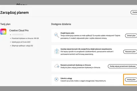 Ekran zarządzania planem Creative Cloud Pro z widocznym przyciskiem "Anuluj plan".