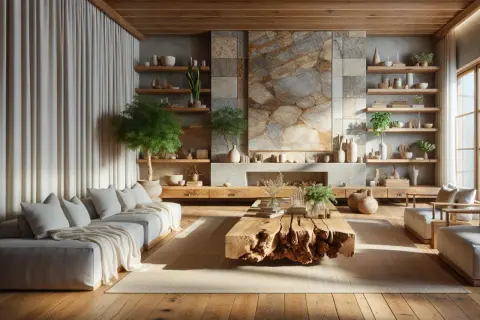 Przytulny salon z kamiennym kominkiem, drewnianym stołem i sofą. Wnętrze emanuje ciepłem dzięki zastosowaniu naturalnych materiałów.