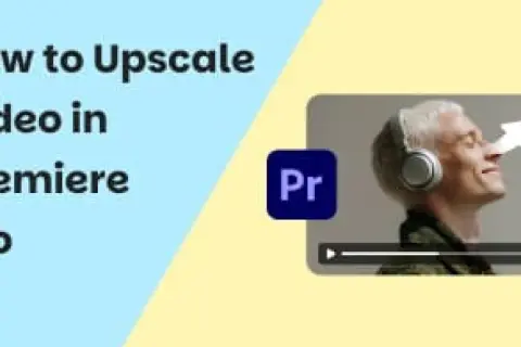 Learn how to upscale video in Premiere Pro with this guide. The image shows the Premiere Pro logo and a man with headphones, suggesting a tutorial on enhancing video quality.
