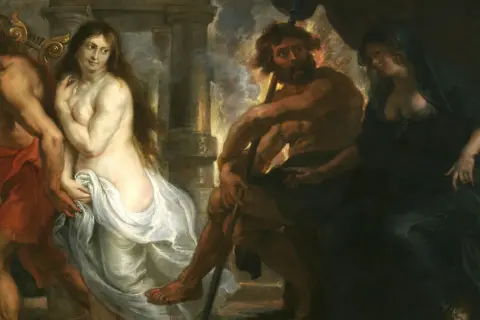 Orfeusz z lirą prowadzi Eurydykę przez Hades, gdzie siedzi Hades i Persefona.