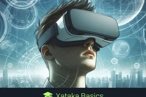 Un hombre con gafas de RV explora un mundo digital, ilustrando qué es el metaverso y cómo funciona.