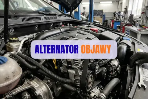 Silnik samochodu z widocznym alternatorem, który ładuje akumulator. Napis "ALTERNTOR OBJAWY" sugeruje problemy z ładowaniem.