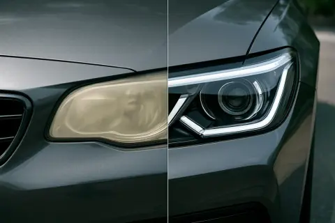 Faro auto ingiallito a sinistra, brillante a destra. Il materiale policarbonato recupera la sua trasparenza.