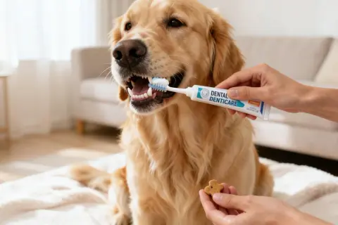 Un Golden Retriever recibe cepillado dental con pasta especial. La higiene dental de los perros es clave para su salud.