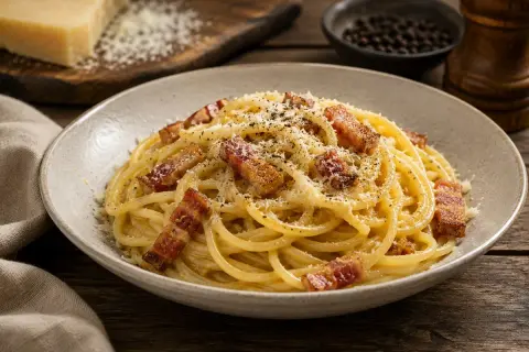 Pyszne spaghetti carbonara z chrupiącym guanciale, posypane parmezanem i pieprzem. To właśnie guanciale co to jest, sekret smaku!