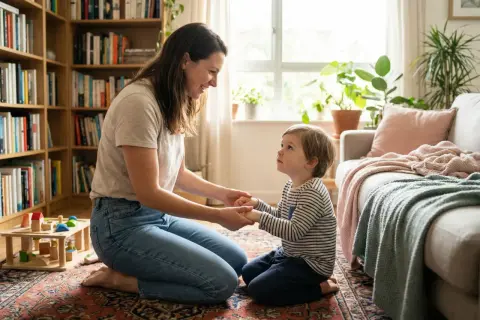Mama i dziecko trzymają się za ręce, wspierając rozwój dziecka w przytulnym pokoju z książkami i zabawkami.