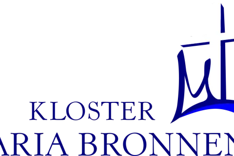 Logo des Klosters Maria Bronnen mit Kreuz und blauem Schriftzug.
