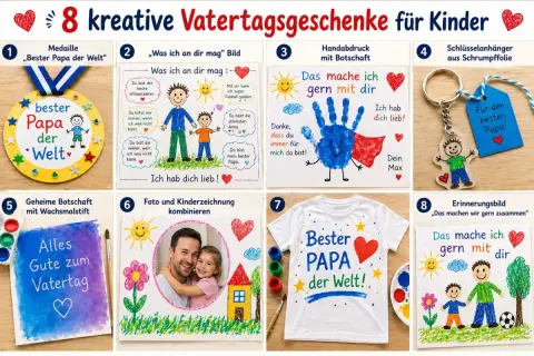 8 kreative Vatertagsgeschenke für Kinder: Medaille, Bild, Handabdruck, Schlüsselanhänger, geheime Botschaft, Foto-Kombi, T-Shirt und Erinnerungsbild. Tolle Ideen zum Basteln Vatertag Kinder!