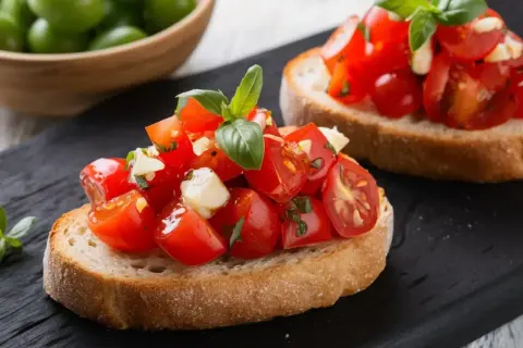 Deux bruschettas garnies de tomates fraîches, de mozzarella et de basilic, parfaites pour une recette facile.