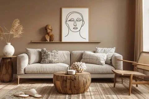Gemütliches Wohnzimmer mit beigem Sofa, Holztisch und einem Bild mit abstrakter Frau. Die Farben braun mischen sich harmonisch mit den neutralen Tönen.