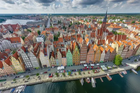 Gdańsk podział na dzielnice: widok z lotu ptaka na kolorowe kamienice przy Motławie, z łodziami i statkami.