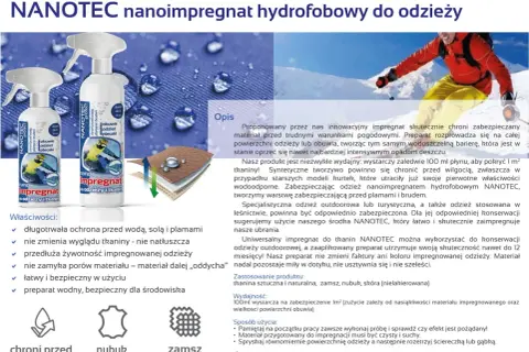 Impregnat do kurtek przeciwdeszczowych NANOTEC chroni odzież przed wodą i plamami, zapewniając jej długotrwałą ochronę.
