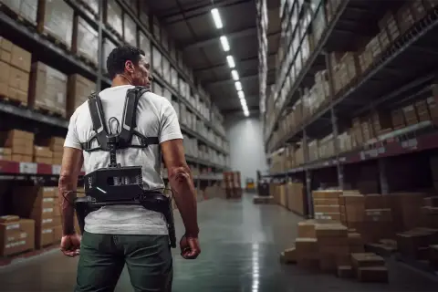 Un uomo indossa un'imbracatura, un esempio di cos'è l'esoscheletro, in un magazzino pieno di scaffali.