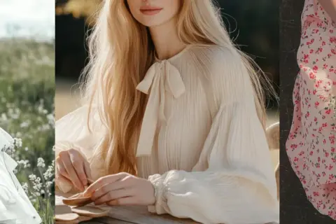 Tres escenas de estilo cottagecore: vestido blanco en campo, blusa crema con lazo, y vestido floral con ramo de margaritas.