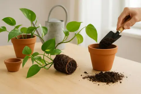 Umtopfen einer grünen pothos pflanze mit Wurzelballen und Erde auf einem Holztisch.