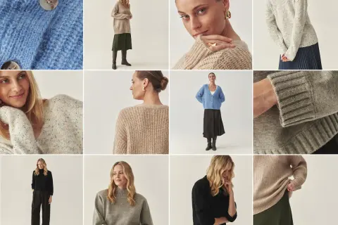 Inspiracje, jak nosić sweter damski: od luźnych kardiganów po eleganckie golfy, w różnych stylizacjach i kolorach.