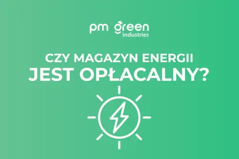 Logo PM Green Industries i pytanie "Czy magazyn energii jest opłacalny?". Ikona błyskawicy w okręgu symbolizuje energię.