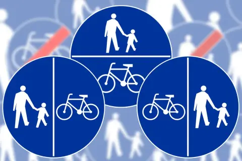 Znaki drogowe: ścieżka pieszo rowerowa, oddzielna dla pieszych i rowerzystów, oraz wspólna.