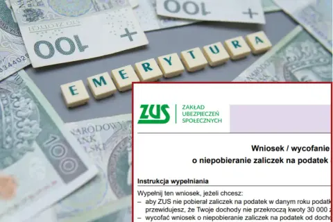 Wniosek o niepobieranie zaliczek na podatek, wzór pisma o przejście na emeryturę, na tle polskich banknotów.