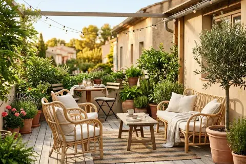 Une charmante terrasse en L, baignée de soleil, avec des meubles en rotin, des plantes luxuriantes et des guirlandes lumineuses. Parfait pour des soirées d'été.