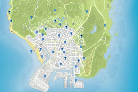 Übersicht der GTA 5 Karte mit vielen blauen Markierungen, die wichtige Orte in Los Santos und Umgebung anzeigen.