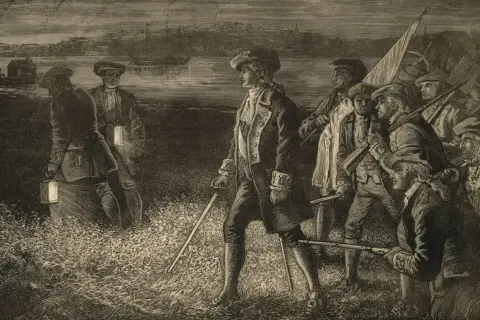Män med facklor och gevär i mörker, en scen som kan illustrera orsaker till amerikanska revolutionen. En stad syns i bakgrunden vid vattnet.