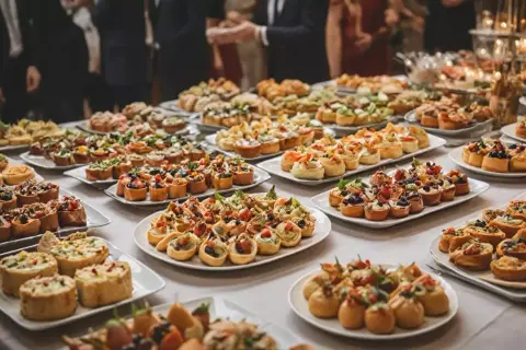Stół uginający się od przekąsek w stylu a la carte: tartaletki, kanapeczki i mini quiche.