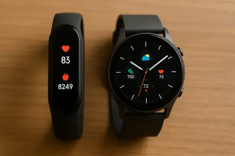 Deux montres connectées sur un bureau en bois. L'une affiche le rythme cardiaque et les pas, l'autre la météo et le rythme cardiaque. Apprenez comment activer le bluetooth sur une montre connectée.