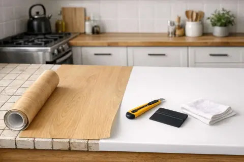 Rouleau de revêtement imitation bois prêt à recouvrir un plan de travail carrelé. Outils de pose à proximité.