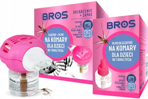 Różowe urządzenie BROS z płynem do kontaktu to bros do kontaktu dla dzieci, zapewniające ochronę przed komarami od 1 roku życia.