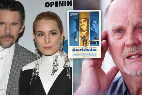 Ethan Hawke, Noomi Rapace och filmaffisch för "Stockholm" som skildrar norrmalmstorgsdramat med Janne Olsson. Även en bild på en äldre man.