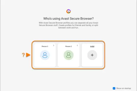 Avast Secure Browser pozwala tworzyć profile dla każdego użytkownika, np. "Osoba 1", "Osoba 2", ułatwiając organizację.
