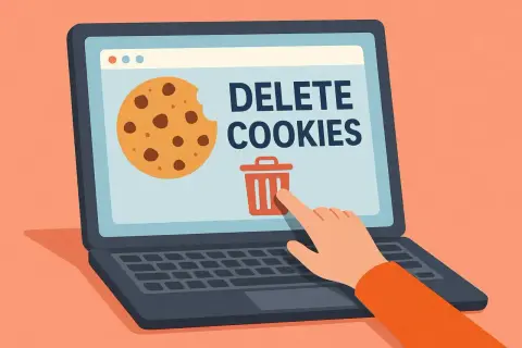 Ręka klika ikonę kosza na śmieci na ekranie laptopa, obok ciasteczka i napisu "DELETE COOKIES". Dowiedz się, jak usunąć pliki cookies.