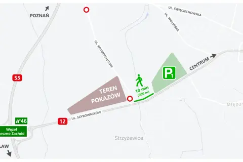Mapa dojazdu na pokazy lotnicze Leszno. Parking P1 i teren pokazów blisko ul. Szybowników. Dojazd S5, 12.