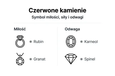 Czerwone kamienie: symbol miłości, siły i odwagi. Rubin, symbol miłości, jest tu przedstawiony na pierścionku.