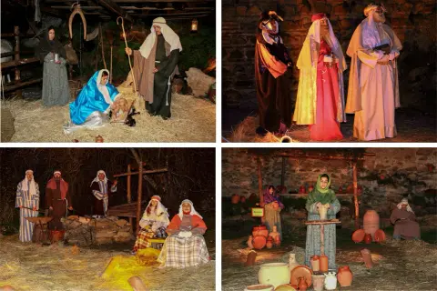 Escenas del belén viviente de Buitrago de Lozoya en Navidad. Figuras representando el nacimiento y la vida cotidiana.