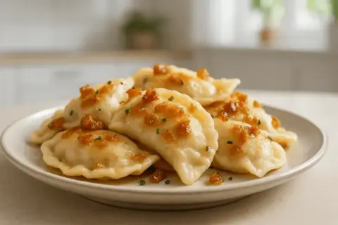 Talerz pełen pysznych, domowych pierogów ruskich, polanych skwarkami i posypanych szczypiorkiem.