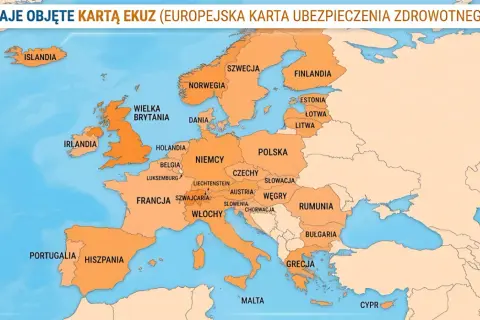 Mapa Europy z zaznaczonymi krajami objętymi EKUZ. Od Portugalii po Grecję, od Islandii po kraje bałtyckie – wszędzie tam EKUZ zapewnia ubezpieczenie.