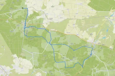 Trasa rowerowa Olsztyn: mapa z zaznaczonymi ścieżkami przez lasy i wsie, prowadząca przez malownicze tereny.