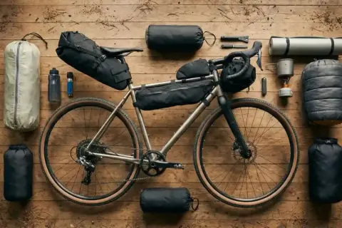 Gravelbike mit Packtaschen, Schlafsack, Isomatte und Kocher bereit für ein Abenteuer im **bike packing**.