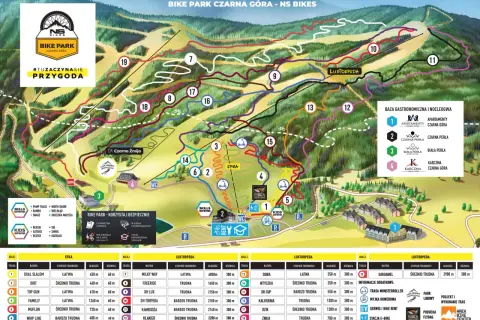 Mapa Bike Parku Czarna Góra z trasami rowerowymi. Znajdziesz tu oznaczone szlaki, wyciągi i punkty gastronomiczne.